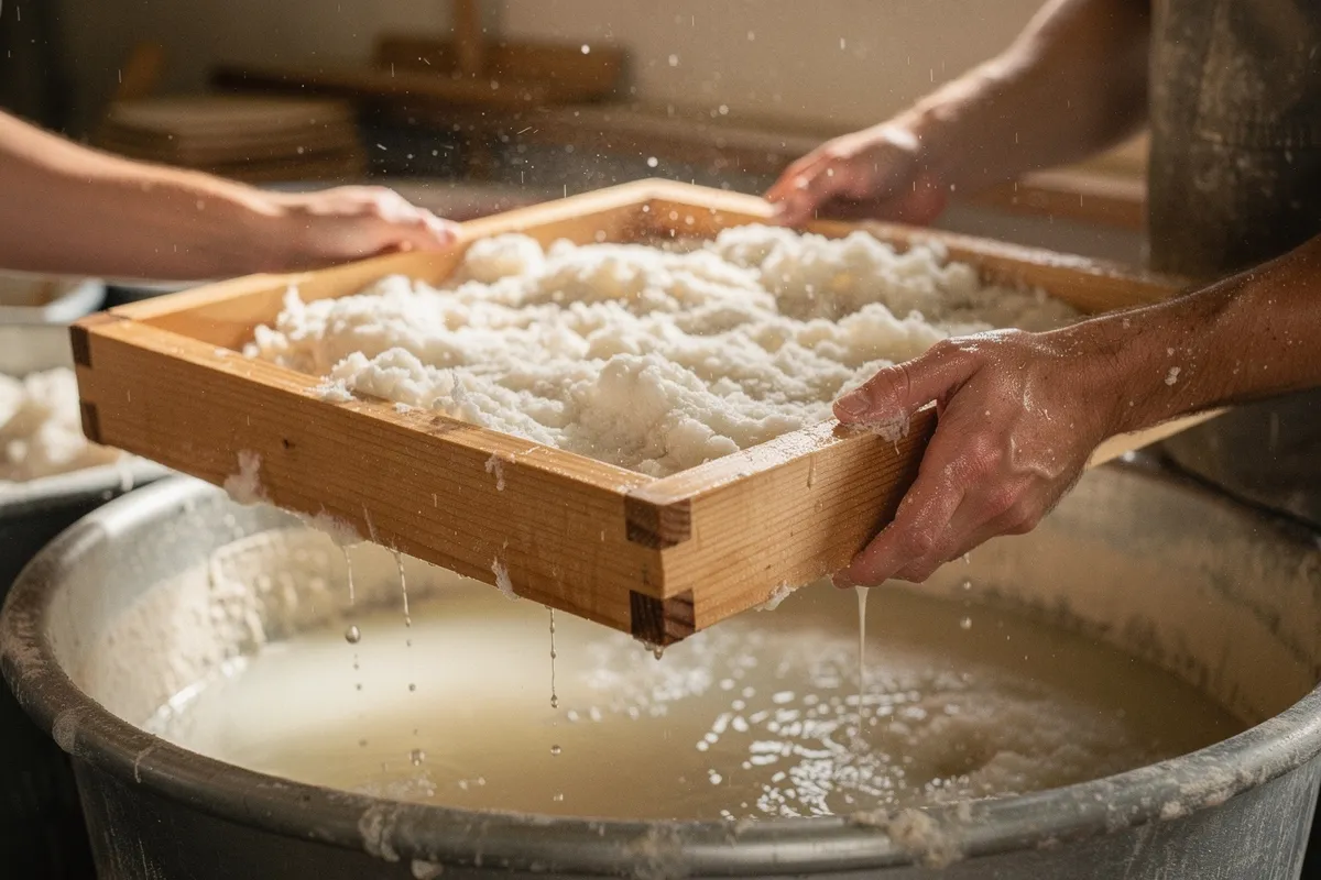 Mains d'artisan soulevant un tamis en bois couvert de pâte de coton encore humide