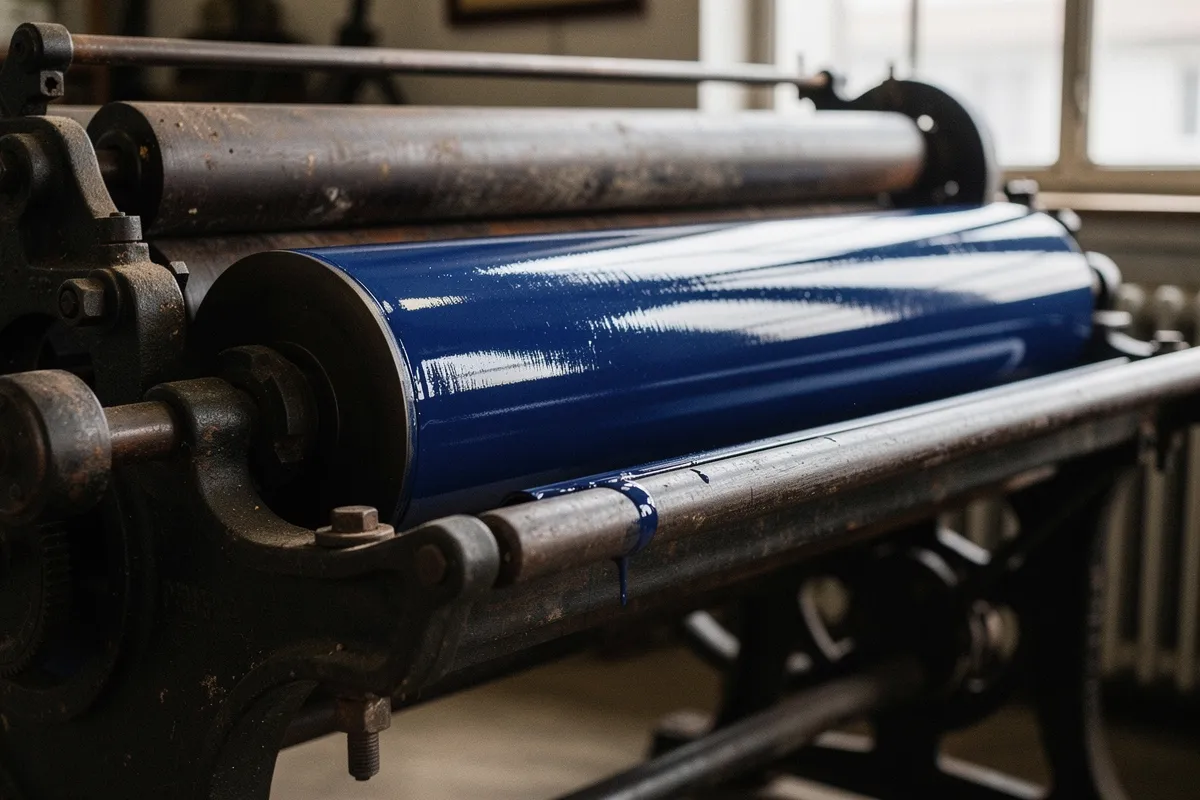 Rouleau encreur d'une vieille presse couvert d'une encre bleu profond